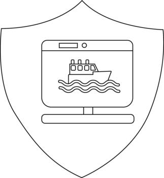 A shield outline contains a monitor displaying a ship on water vector