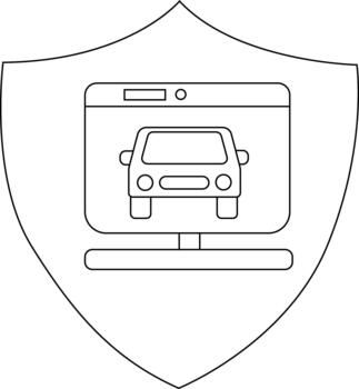 An outline image features a shield with a car inside a computer screen vector