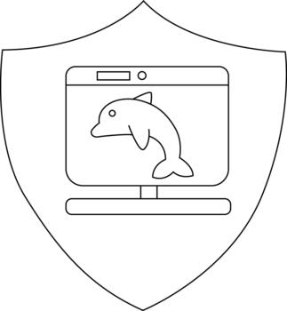 Blacklined shield with a dolphin on a computer screen inside vector