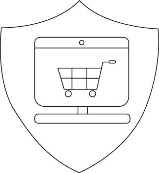Line art of a shopping cart on a computer screen inside a shieldshaped emblem vector