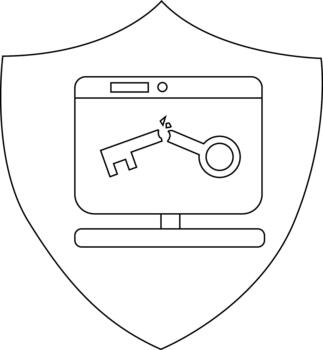 Outlined computer with broken key inside a shield shape vector