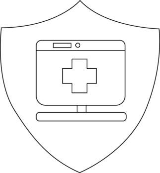Shield with a computer screen displaying a medical cross outlined in black vector