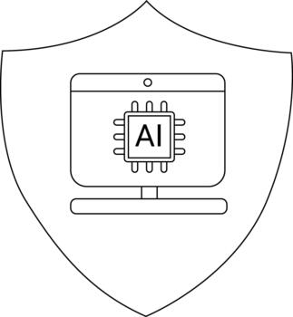 Shield with a computer screen displaying AI surrounding circuit elements black lines on white vector