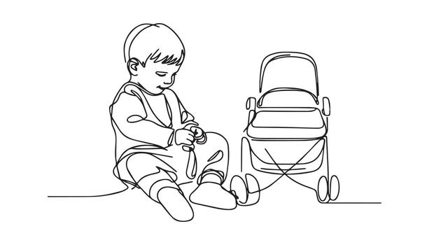 a drawing of a child playing with a stroller vector