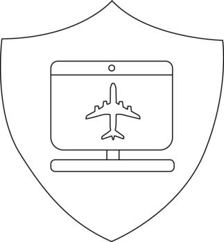 The image shows a shield containing a computer monitor with an airplane icon displayed on the screen vector