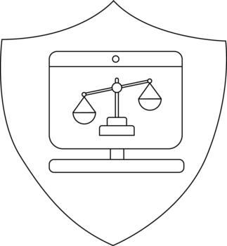 The emblem features scales of justice displayed on a computer screen placed within a shield outline vector