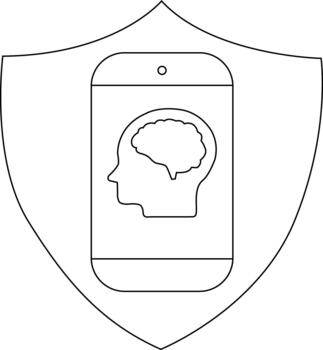 A graphic showing a head brain on a phone within a shield shape vector