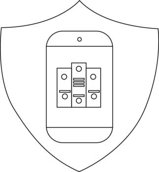 A shield contains a device within which are three vertical rectangles and a series of circles and horizontal lines vector
