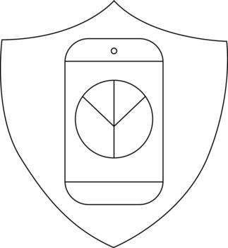 A shield contains a simplified smartphone with a divided circle on its screen vector