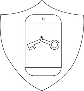 A shield outlines a phone displaying a broken key vector