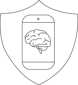 Lineart Brain inside a smartphone centered within a shieldshaped backdrop vector