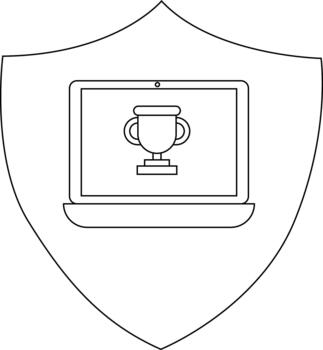 A black outline graphic of a laptop with a trophy on its screen inside a shield shape vector