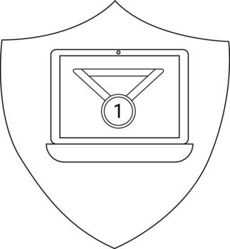 A laptop with a medal displaying 1 within a shield outline vector