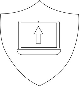 A line art drawing of a laptop with an upward arrow inside a shield shape vector