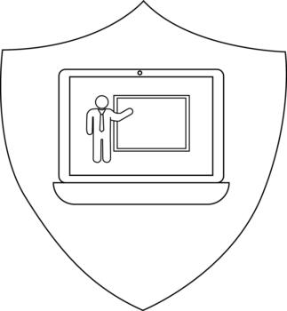 un línea Arte imagen de un ordenador portátil mostrando un persona presentación en un pantalla dentro un proteger contorno vector