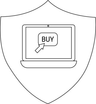 A lineart emblem a shield framing a laptop displaying a BUY button clicked by an arrow cursor vector