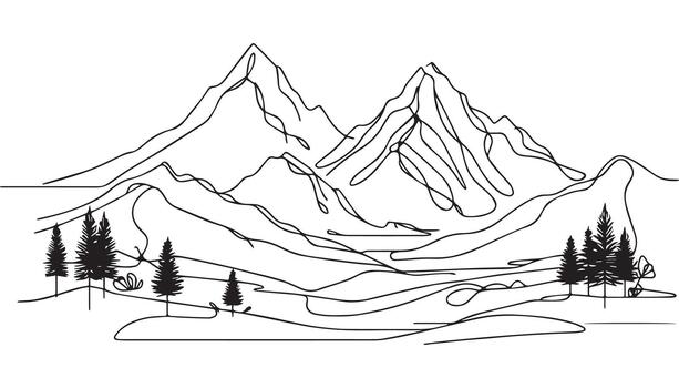 continuous line art of mountains and trees vector
