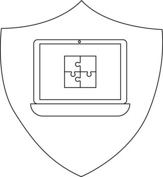 un proteger diseño contiene un ordenador portátil mostrando un cuatro piezas rompecabezas rompecabezas vector