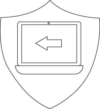 un proteger emblema caracteristicas un ordenador portátil contorno con un apuntando a la izquierda flecha en sus pantalla vector