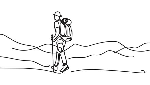 continuous line drawing of a hiker with backpack and hiking poles vector