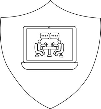 un proteger muestra un ordenador portátil pantalla demostración dos personas en un reunión con micrófonos y habla burbujas vector
