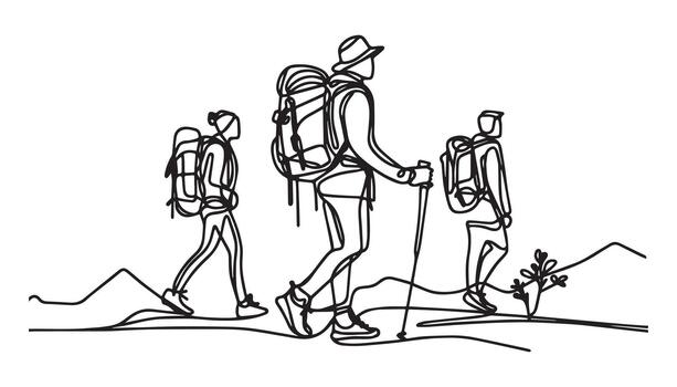 continuous line drawing of hikers with backpacks vector