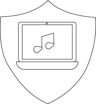 Outline depicts laptop with musical notes on screen set within a shield shape vector