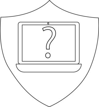 Outline of a laptop inside a shield displaying a question mark on its screen vector
