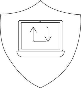 A black and white shield design with a laptop at its center showcasing a square with up and down arrows inside vector