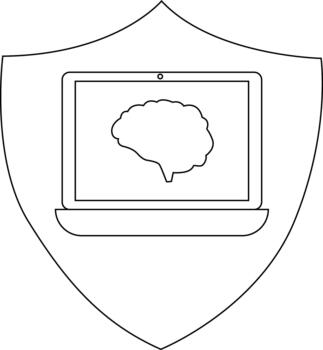 A laptop with a brain on the screen is centered inside a shield outline vector
