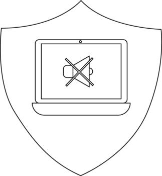 un ordenador portátil con un apagado altavoz icono en un proteger forma vector