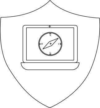 A shield containing a laptop screen displaying a compass pointing West vector