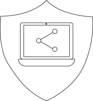 A shield containing a laptop displaying a network symbol vector