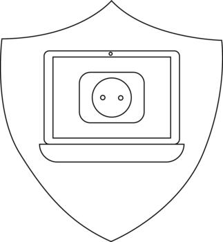 A shield containing a laptop with a circle inside a square on the screen vector
