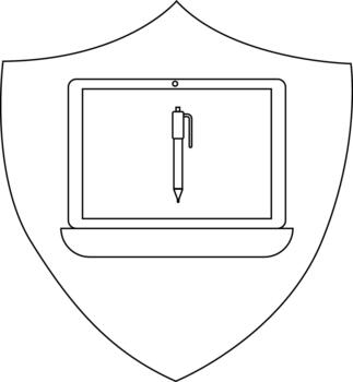 un proteger emblema mostrando un ordenador portátil con un bolígrafo en sus pantalla vector