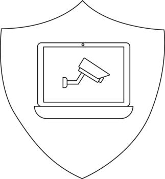 A shield outline enclosing a laptop displaying a security camera vector