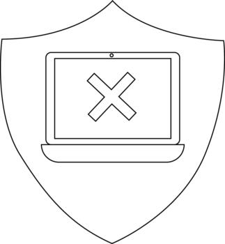 A shield shape containing a laptop computer with an X symbol displayed on the screen vector