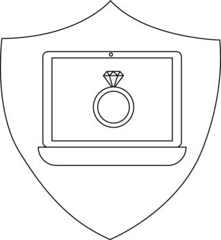 A white shield outlines a laptop displaying a ring with a diamond on its screen vector