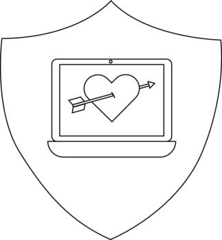 Laptop displays a heart pierced by an arrow set within a shield outline vector