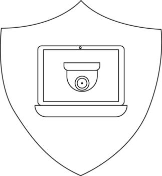 Outline of a shield framing a laptop displaying a security camera vector