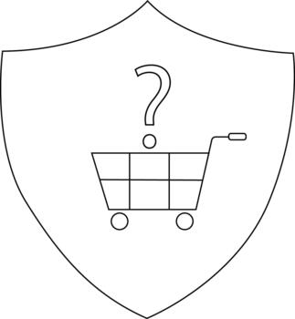 A shield containing a question mark above a shopping cart both outlined in black vector