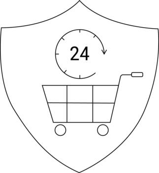 A shield contains a shopping cart and the number 24 with a clockwise arrow surrounding it vector
