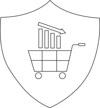 A shield contains a shopping cart with a downwardpointing arrow over falling bar graphs vector
