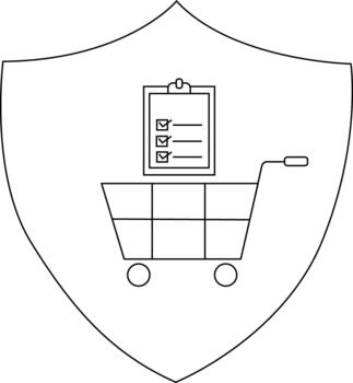 A shield contains a shopping cart with checklist atop symbolizing secure shopping vector