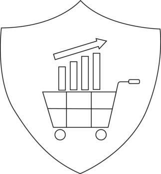 A shield displays a shopping cart with rising bar graph topped by an upward arrow vector