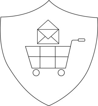 A shield with an envelope atop a shopping cart both outlined in black on a white background vector