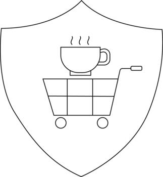 Outlined design features a shield shape a shopping cart with a coffee cup above it and steam lines vector