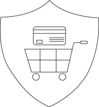 Shield contains a shopping cart under a card symbolizing secure online shopping vector