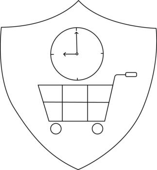 Shield with clock above shopping cart with square grid two wheels and handle vector