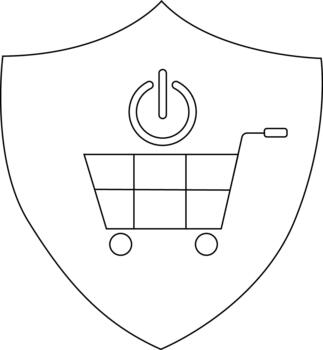 A shield containing a shopping cart power symbol and lines forming squares and circles inside the carts shape vector